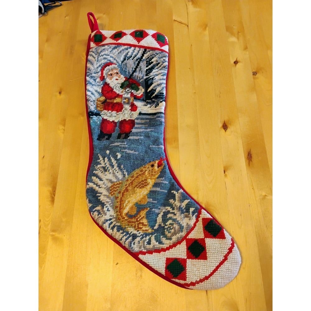 Vintage Wool Christmas Stocking Needlepoint Santa Clause Fishing Pole Fishing